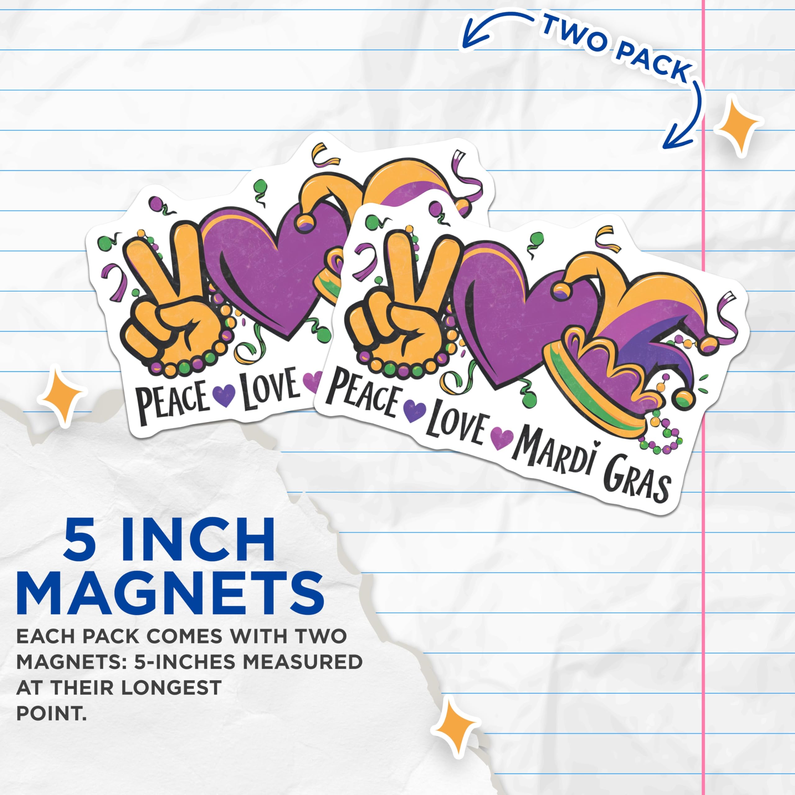 (2 Pack) Mardi Gras Magnets - Peace Love Party - Louisiana Decor Souvenir - 5" On Longest Side - Premium Magnet - for Cars, Refrigerators, Toolboxes, Lockers - Made in USA - MAG14873