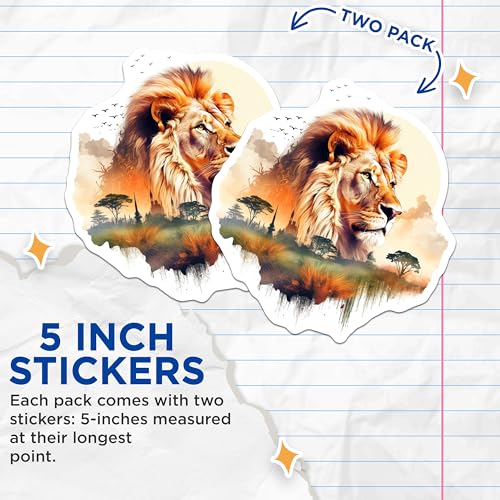(2 Pack) Lion Safari Adventure Stickers - Wildlife Art - Nature Lovers - 5" On Longest Side - Sticks to Smooth Flat Surfaces - Made in USA - BMCS3803