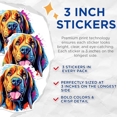 (3 Pack) Bloodhound Dog Decals - Colorful Pet Portrait Stickers - Laptop Dog Breed Decals - 3 Inches On Longest Side - Easy Peel & Apply - Made in USA - 3MCS0656