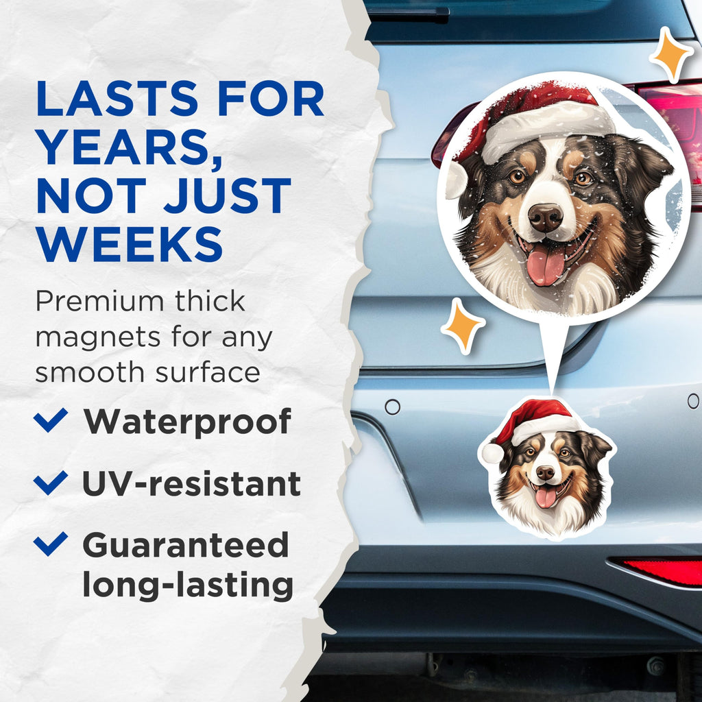 (2 Pack) Christmas Dog Magnets - Santa Hat Australian Shepherd - Festive Holiday Decor - 5 Inches On Longest Side - Thick Durable Magnet - Made in USA - MAG24399