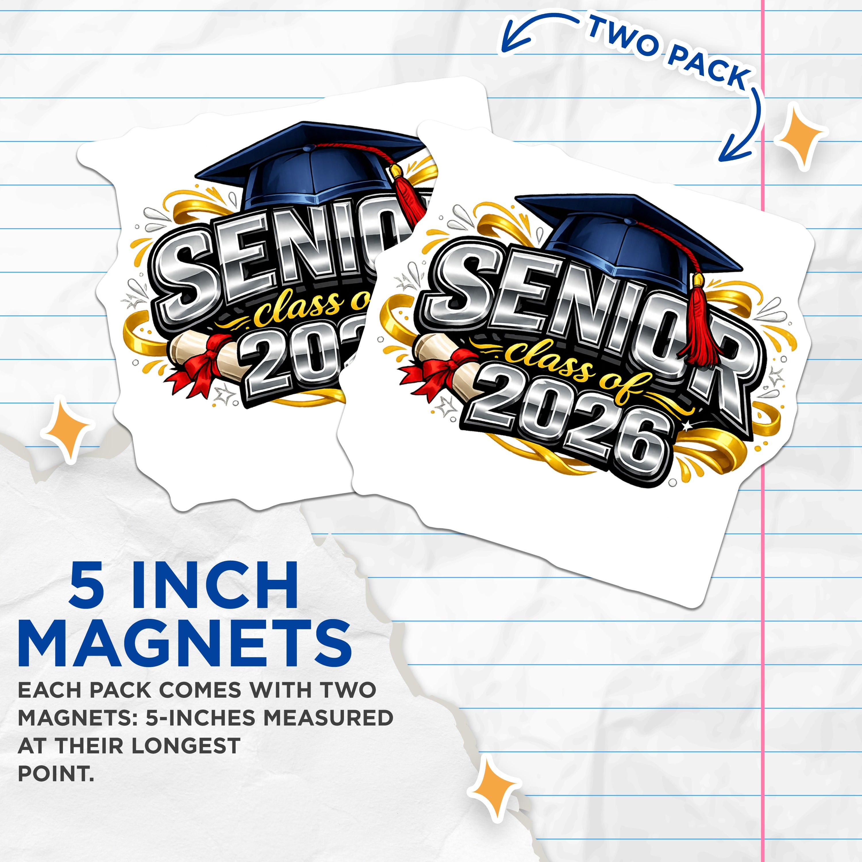 (2 Pack) Senior Class of 2026 Magnets - Graduation Celebration - High School College Graduate Decor - 5 Inches On Longest Side - Thick Durable Magnet - Made in USA - MAG36543