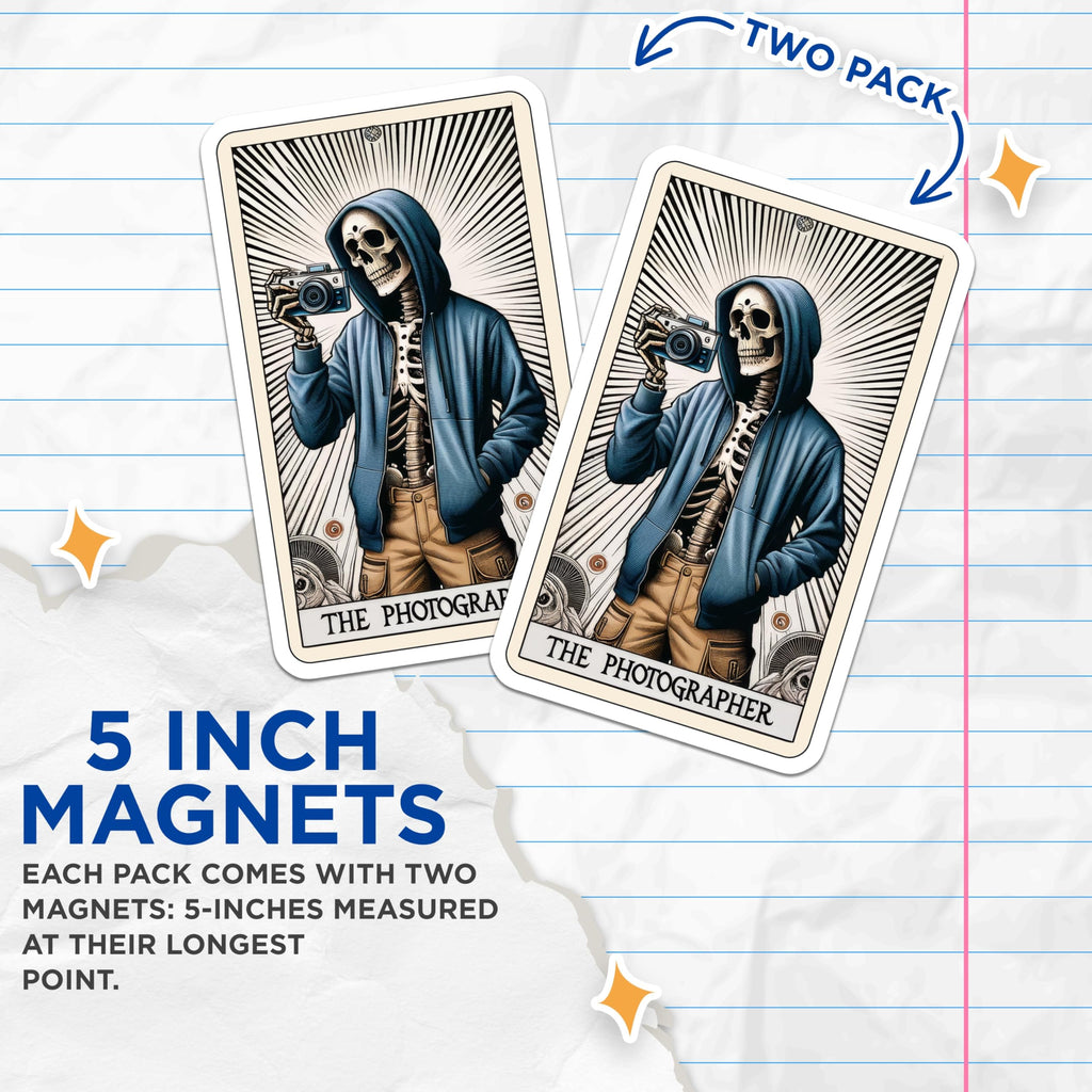 (2 Pack) Skeleton Photographer Magnets - Unique Tarot Card Aesthetic - Artistic Camera Lover Decor - 5 Inches On Longest Side - Thick Durable Magnet - Made in USA - MAG22554
