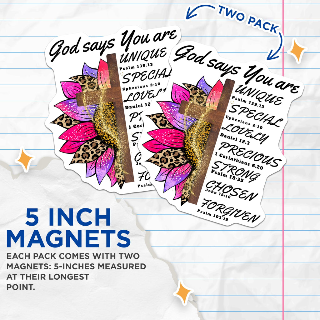 (2 Pack) God Says You are Magnets - Inspirational Scripture Affirmations - Sunflower Cross Christian Home Decor - 5 Inches On Longest Side - Thick Durable Magnet - Made in USA - MAG24928