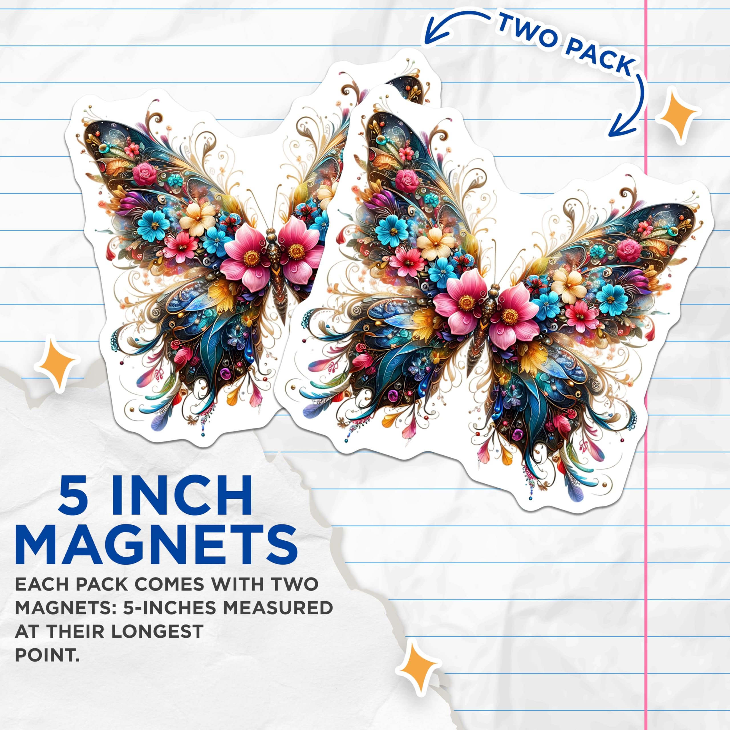 (2 Pack) Butterfly Magnets - Floral Wings - Decorative Fridge Magnets - 5" On Longest Side - Premium Magnet - for Cars, Refrigerators, Toolboxes, Lockers - Made in USA - MAG16404