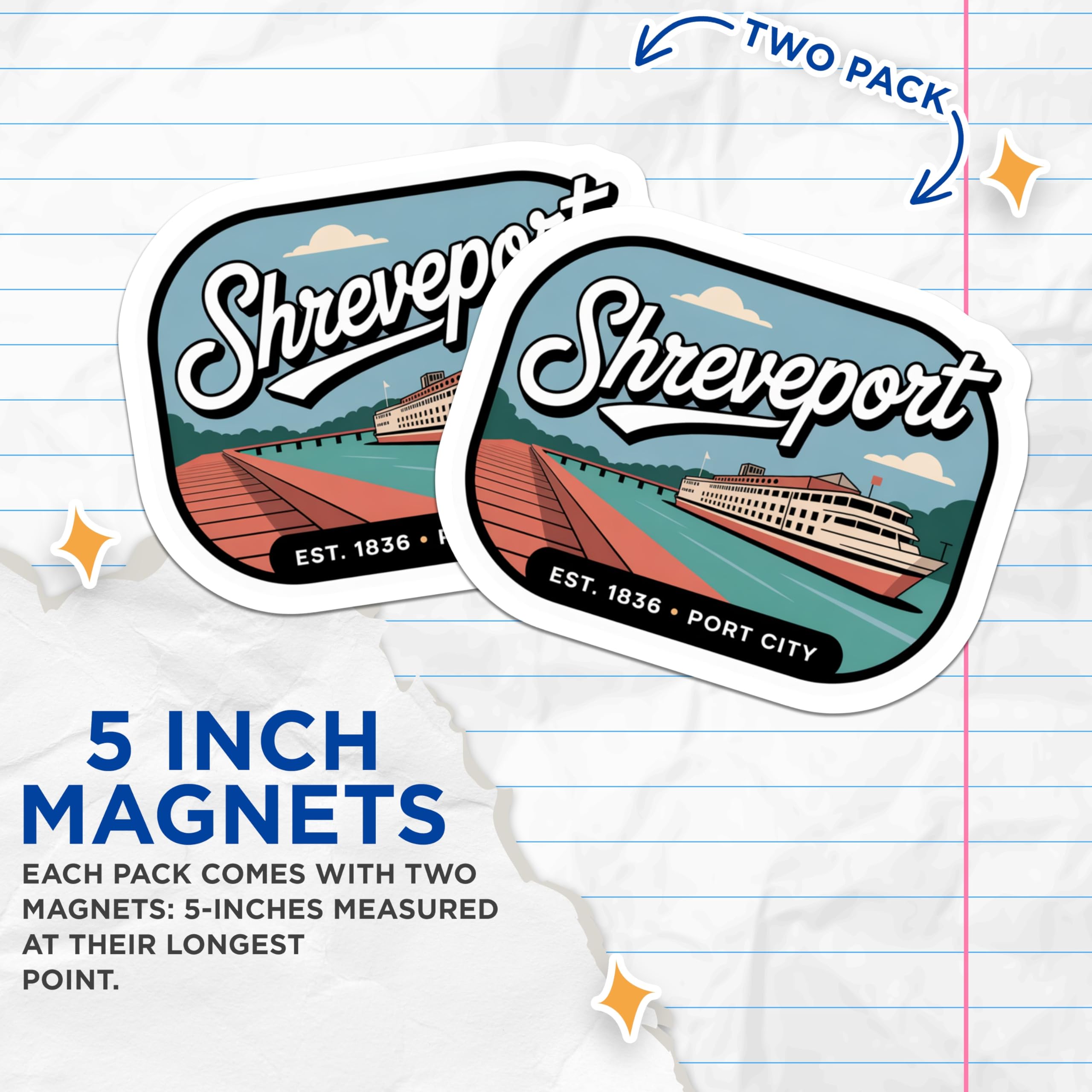 (2 Pack) Shreveport Magnets - Louisiana Riverboat Est 1836 - Port City Travel Souvenirs Decor - 5 Inches On Longest Side - Thick Durable Magnet - Made in USA - MAG19010