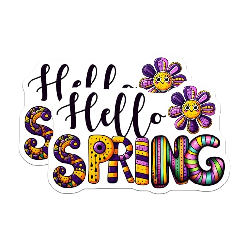 (2 Pack) Hello Spring Stickers - Cute Flower - Colorful Spring Decorations - 5" On Longest Side - Sticks to Smooth Flat Surfaces - Made in USA - BMCS8007