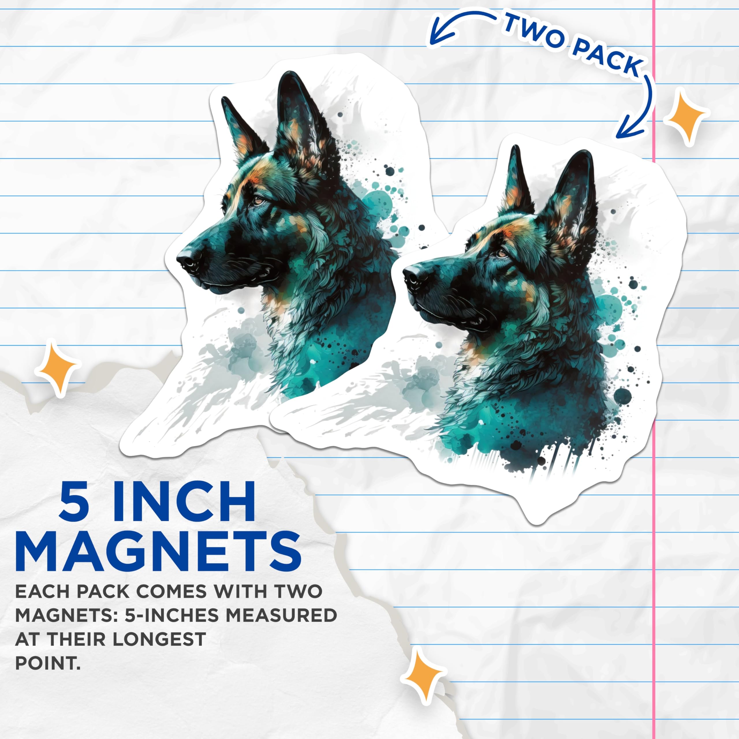 (2 Pack) German Shepherd Magnets - Watercolor Dog Art - Pet Lover Decor - 5 Inches On Longest Side - Thick Durable Magnet - Made in USA - MAG27299