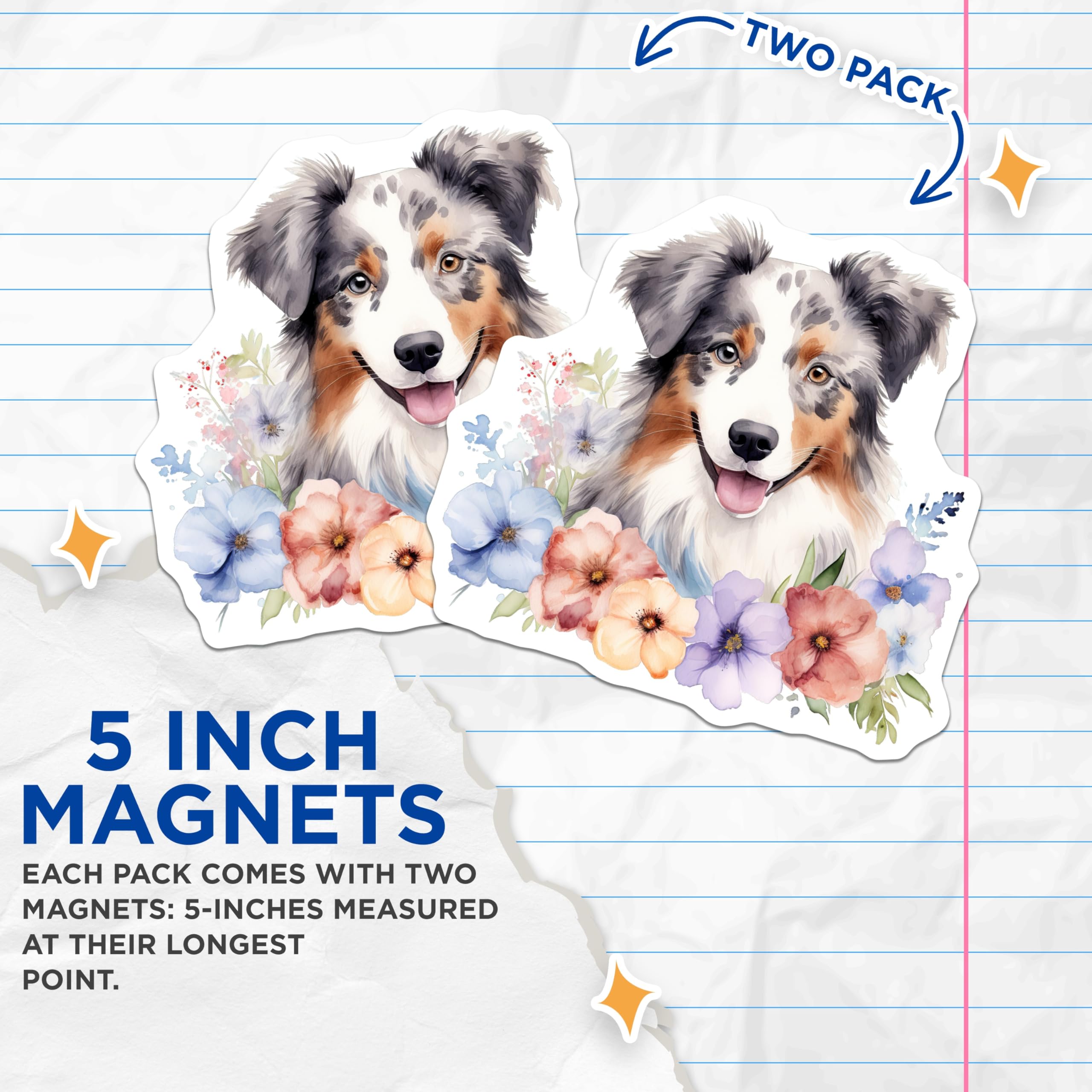 (2 Pack) Australian Shepherd Magnets - Watercolor Dog Art - Aussie Dog Lover Decor - 5 Inches On Longest Side - Thick Durable Magnet - Made in USA - MAG29288