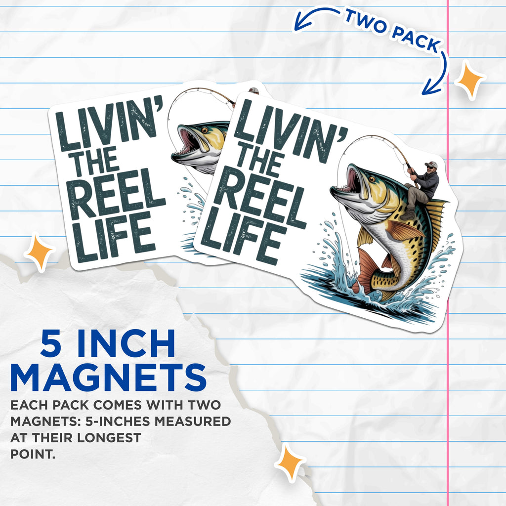 (2 Pack) Fishing Quote Magnets - Livin The Reel Life Fisherman Decor - Dad Grandpa Angler Art - 5 Inches On Longest Side - Thick Durable Magnet - Made in USA - MAG38867