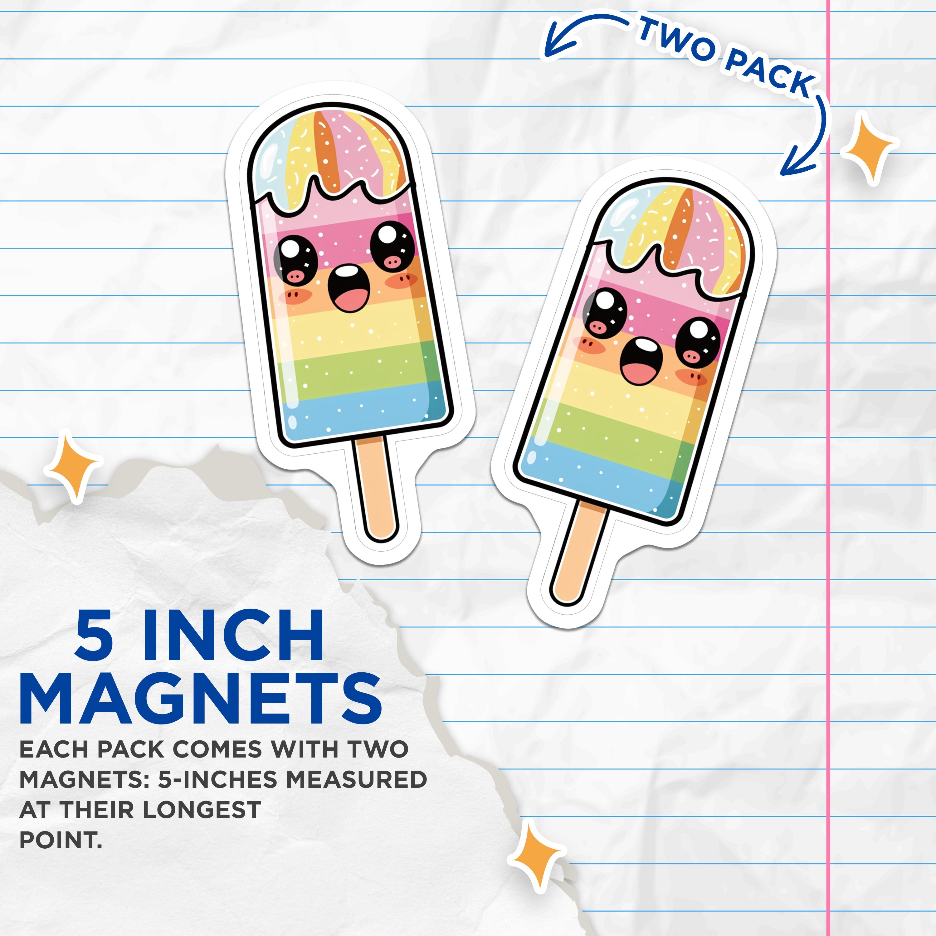 (2 Pack) Kawaii Popsicle Magnets - Rainbow Ice Cream Treat - Cute Fridge Locker Decor - 5 Inches On Longest Side - Thick Durable Magnet - Made in USA - MAG36166