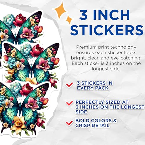 (3 Pack) Floral Butterfly Decals - Laptop Decals - Flower Stickers - 3 Inches On Longest Side - Easy Peel & Apply - Made in USA - 3MCS0066