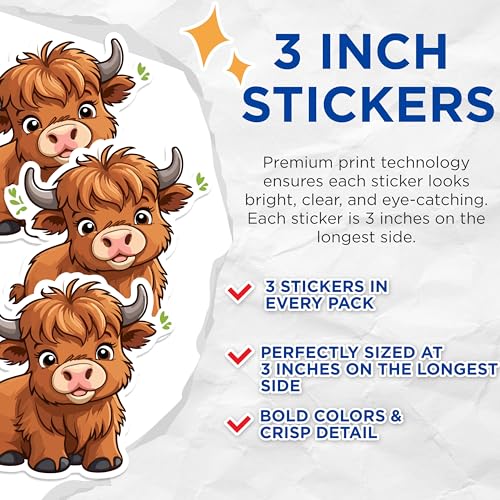 (3 Pack) Highland Cow Decals - Cute Animal Stickers - Laptop Decoration - 3 Inches On Longest Side - Easy Peel & Apply - Made in USA - 3MCS1051