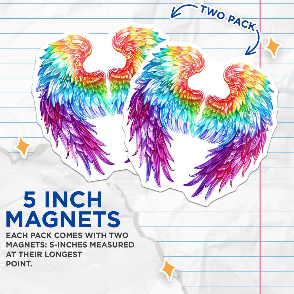(2 Pack) Rainbow Angel Wings Magnets - Vibrant Fridge Decor - Pride Month Locker Art - Fantasy Aesthetic - 5 Inches On Longest Side - Thick Durable Magnet - Made in USA - MAG37899