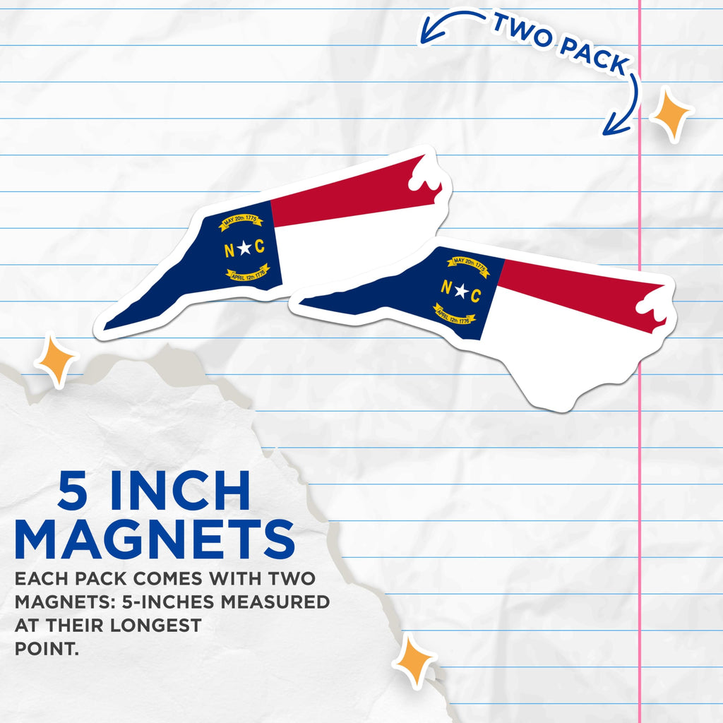 (2 Pack) North Carolina Flag Magnets - NC State Outline - Carolina Souvenir - 5 Inches On Longest Side - Thick Durable Magnet - Made in USA - MAG22587