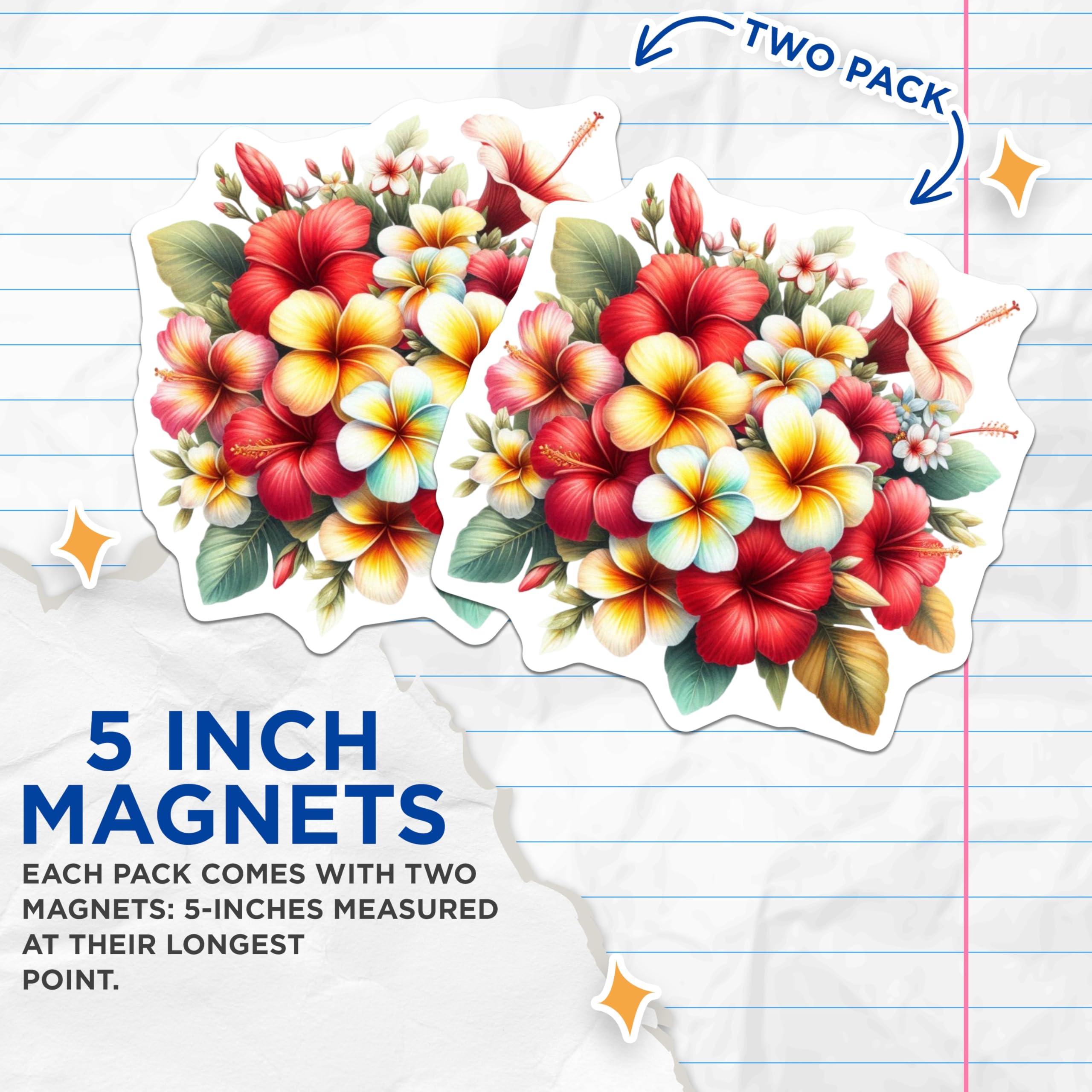 (2 Pack) Hibiscus Plumeria Magnets - Exotic Bloom Decor - Summer Kitchen Accent - 5 Inches On Longest Side - Thick Durable Magnet - Made in USA - MAG20563