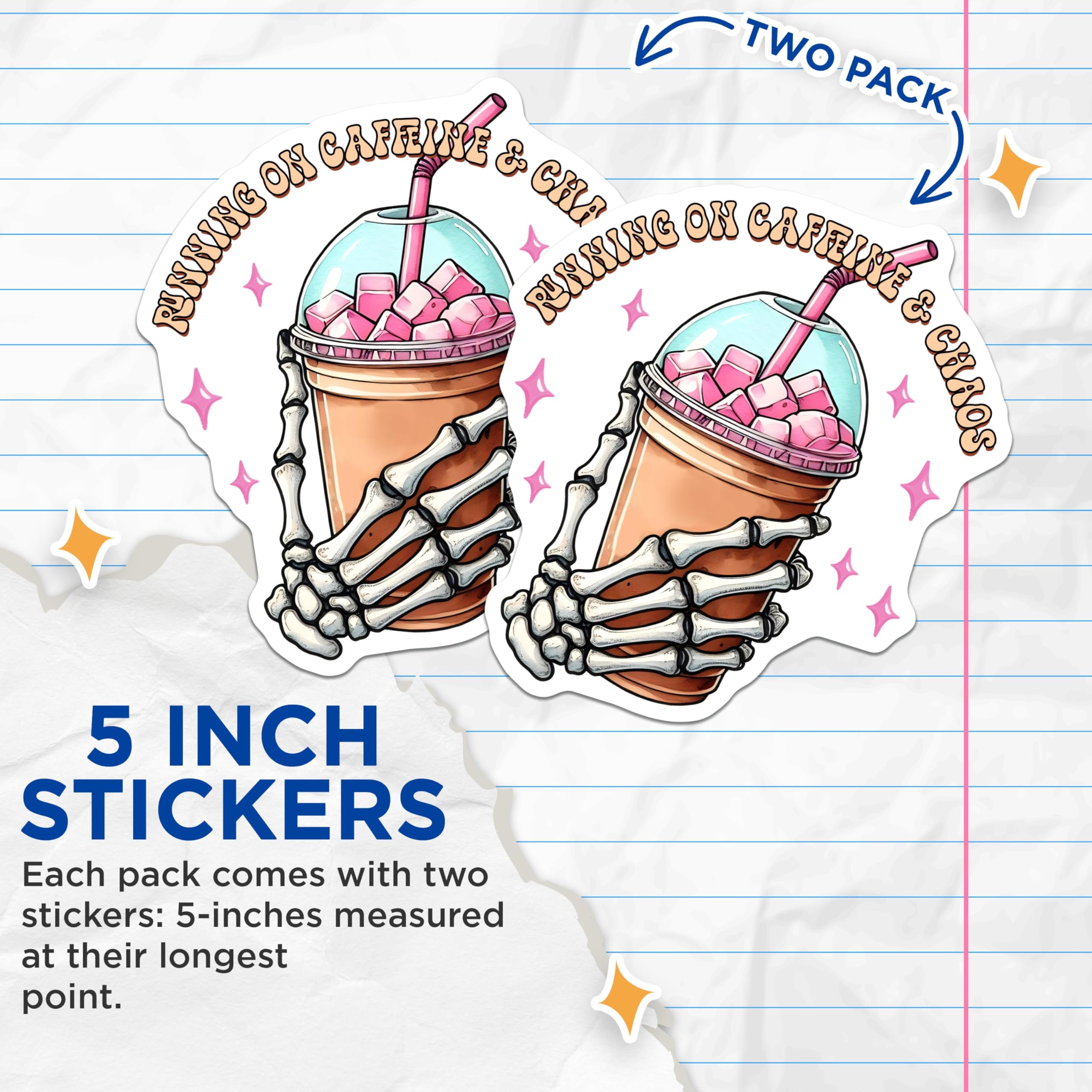 (2 Pack) Running On Caffeine and Chaos Stickers - Skeleton Hand Holding Drink - Fun Colorful Sticker - 5" On Longest Side - Sticks to Smooth Flat Surfaces - Made in USA - BMCS9769