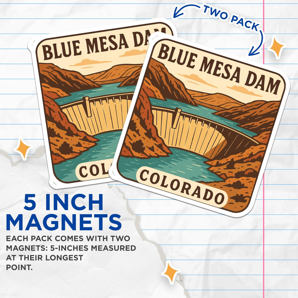 (2 Pack) Blue Mesa Dam Colorado Magnets - Iconic Scenic Reservoir Travel Souvenir - Southwestern Landscape Retro Decor - 5 Inches On Longest Side - Thick Durable Magnet - Made in USA - MAG19793