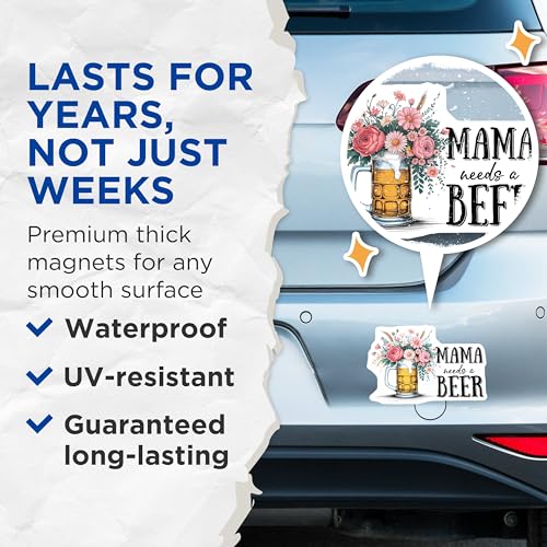 (2 Pack) Mama Needs A Beer Magnets - Funny Beer Quotes - Floral Beer Decor - 5" On Longest Side - for Cars, Fridges, Toolboxes - Made in USA - MAG7714