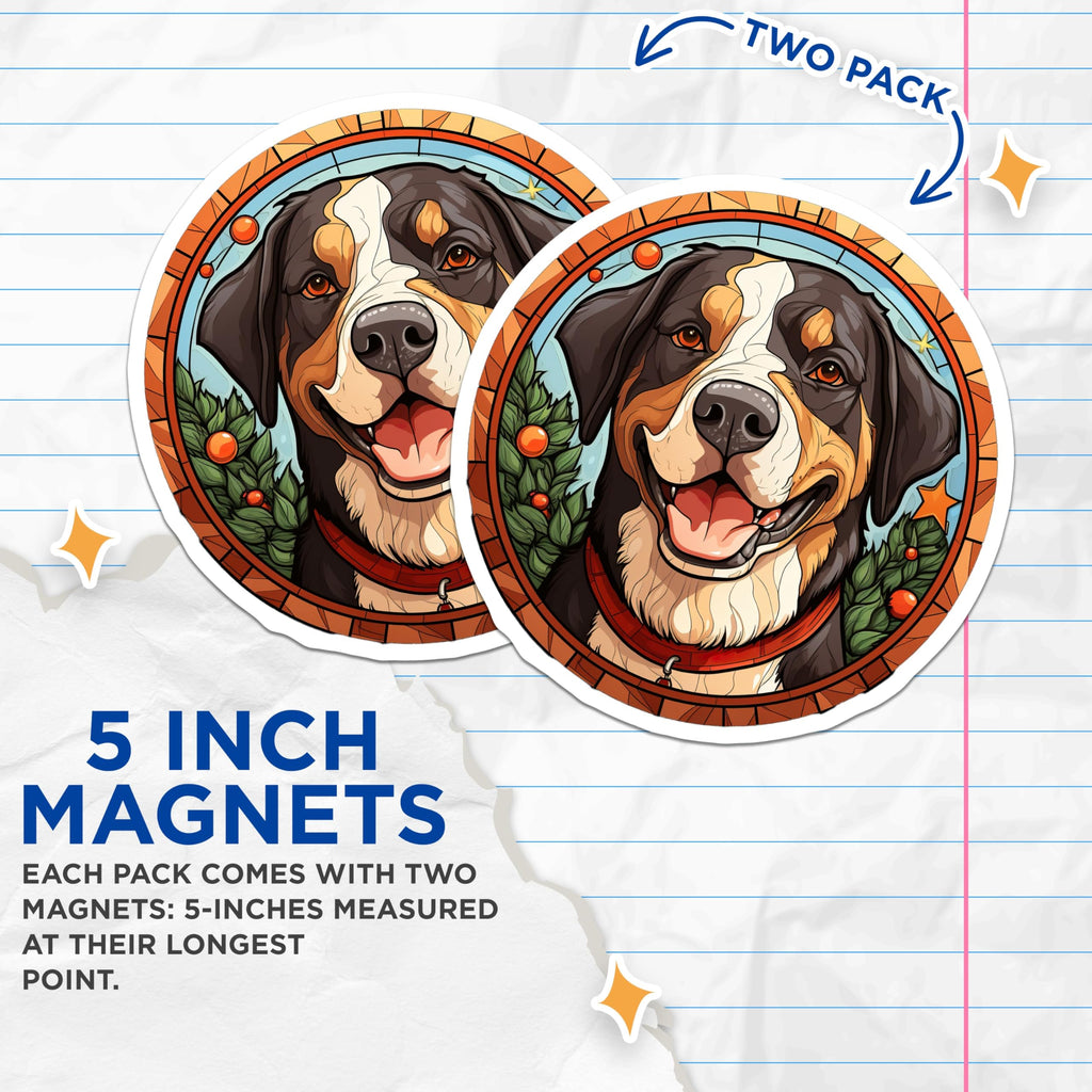 (2 Pack) Bernese Mountain Dog Magnets - Stained Glass Pet Art - Festive Christmas Dog Decor - Dog Lover Home Accent - 5 Inches On Longest Side - Thick Durable Magnet - Made in USA - MAG25490