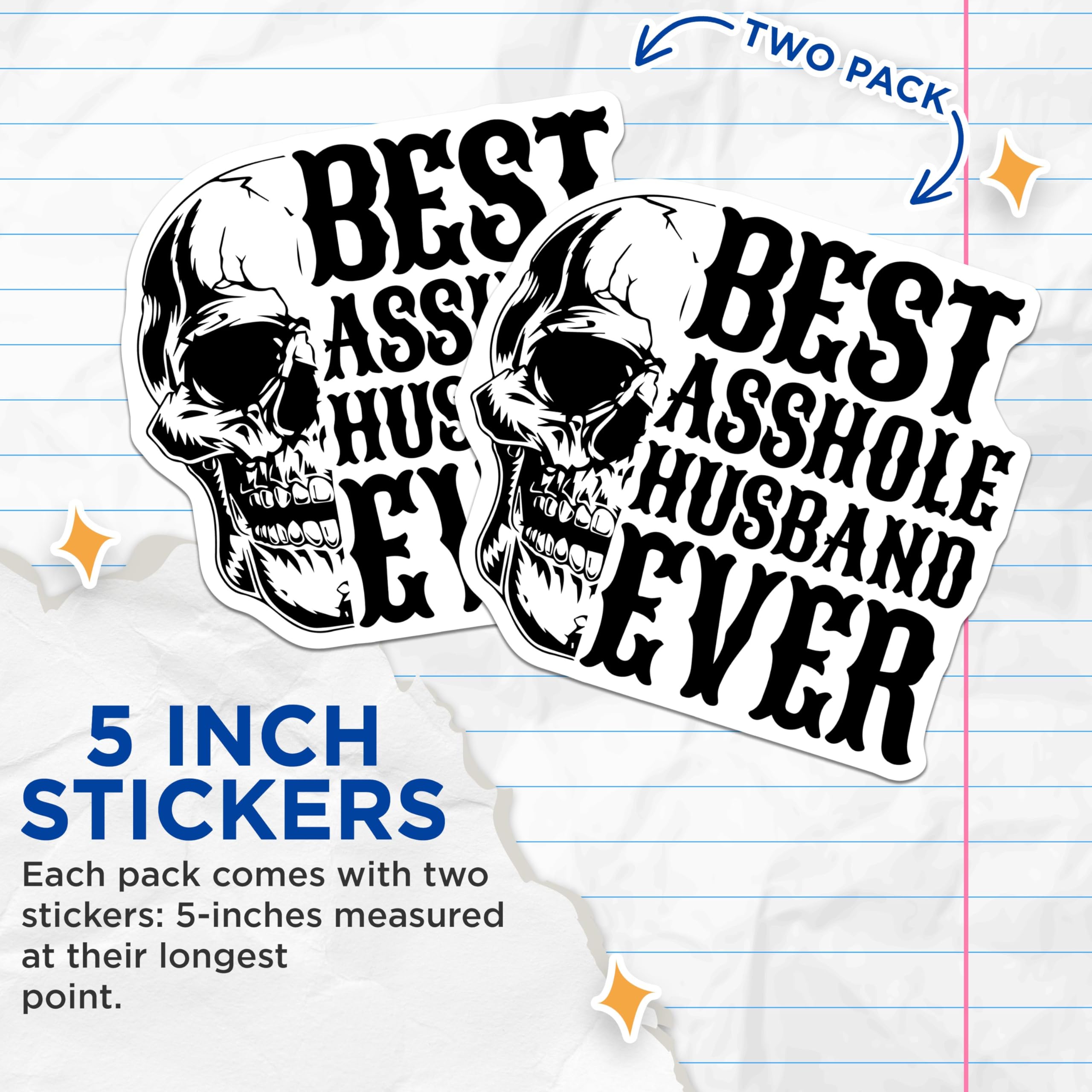 (2 Pack) Best Asshole Husband Ever Stickers - Funny Skull Stickers for Husband - Humorous Vinyl Decals - 5" On Longest Side - Sticks to Smooth Flat Surfaces - Made in USA - BMCS5987