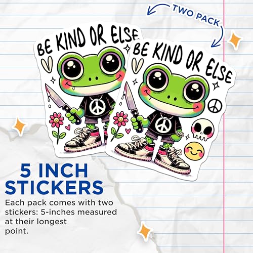 (2 Pack) Be Kind Or Else Stickers - Cute Frog Artwork - Motivational Quote Decal - 5" On Longest Side - Sticks to Smooth Flat Surfaces - Made in USA - BMCS7604