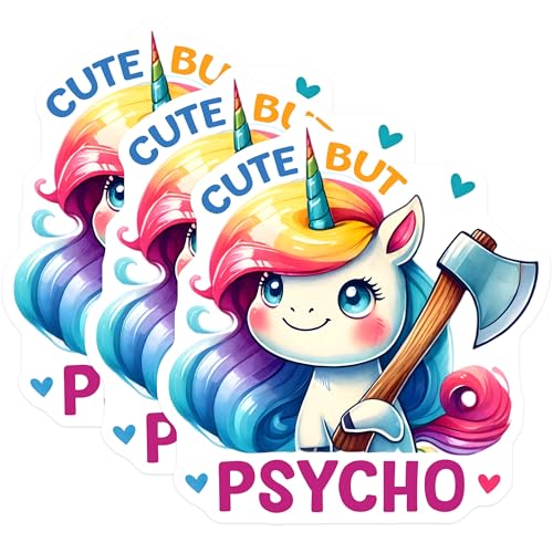 (3 Pack) Cute But Psycho Unicorn Decals - Funny Sarcastic Decals - Laptop Decal - 3 Inches On Longest Side - Easy Peel & Apply - Made in USA - 3MCS2114