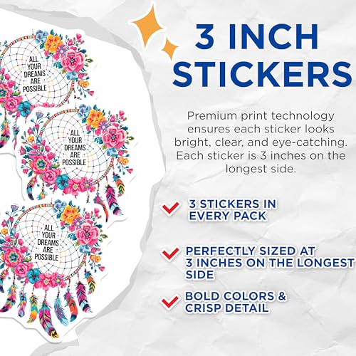 (3 Pack) Dream Catcher Decals - Floral Decal - Motivational Decals - 3 Inches On Longest Side - Easy Peel & Apply - Made in USA - 3MCS6013
