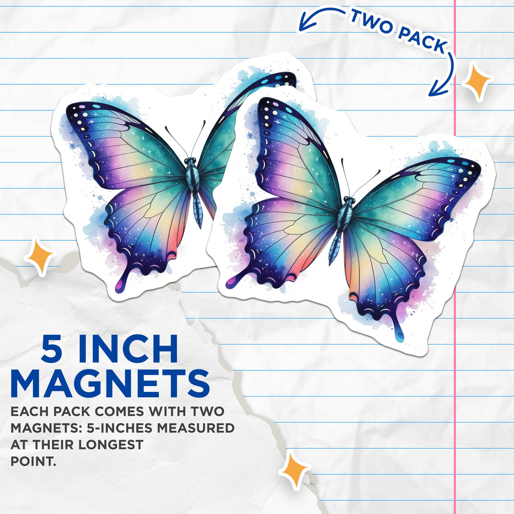 (2 Pack) Galaxy Butterfly Magnets - Celestial Fridge Decor - Aesthetic Locker Accessories - 5 Inches On Longest Side - Thick Durable Magnet - Made in USA - MAG37643