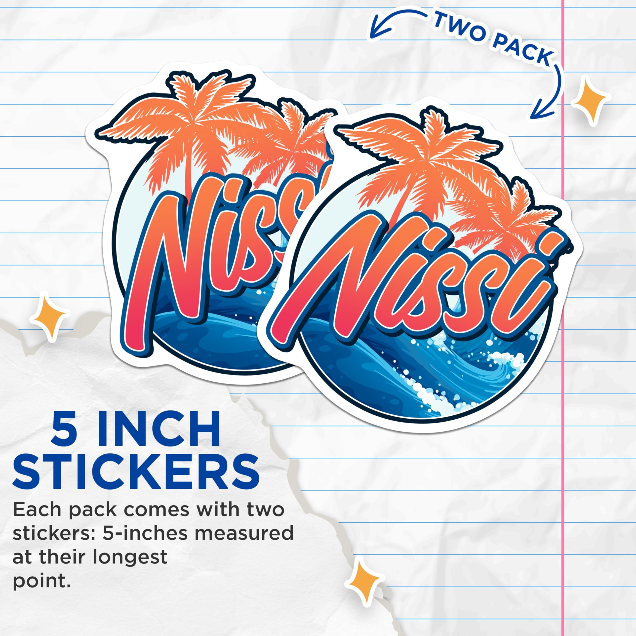 (2 Pack) Nissl Beach Stickers - Tropical Island Decal - Retro Vacation Art - 5" On Longest Side - Sticks to Smooth Flat Surfaces - Made in USA - BMCS17764