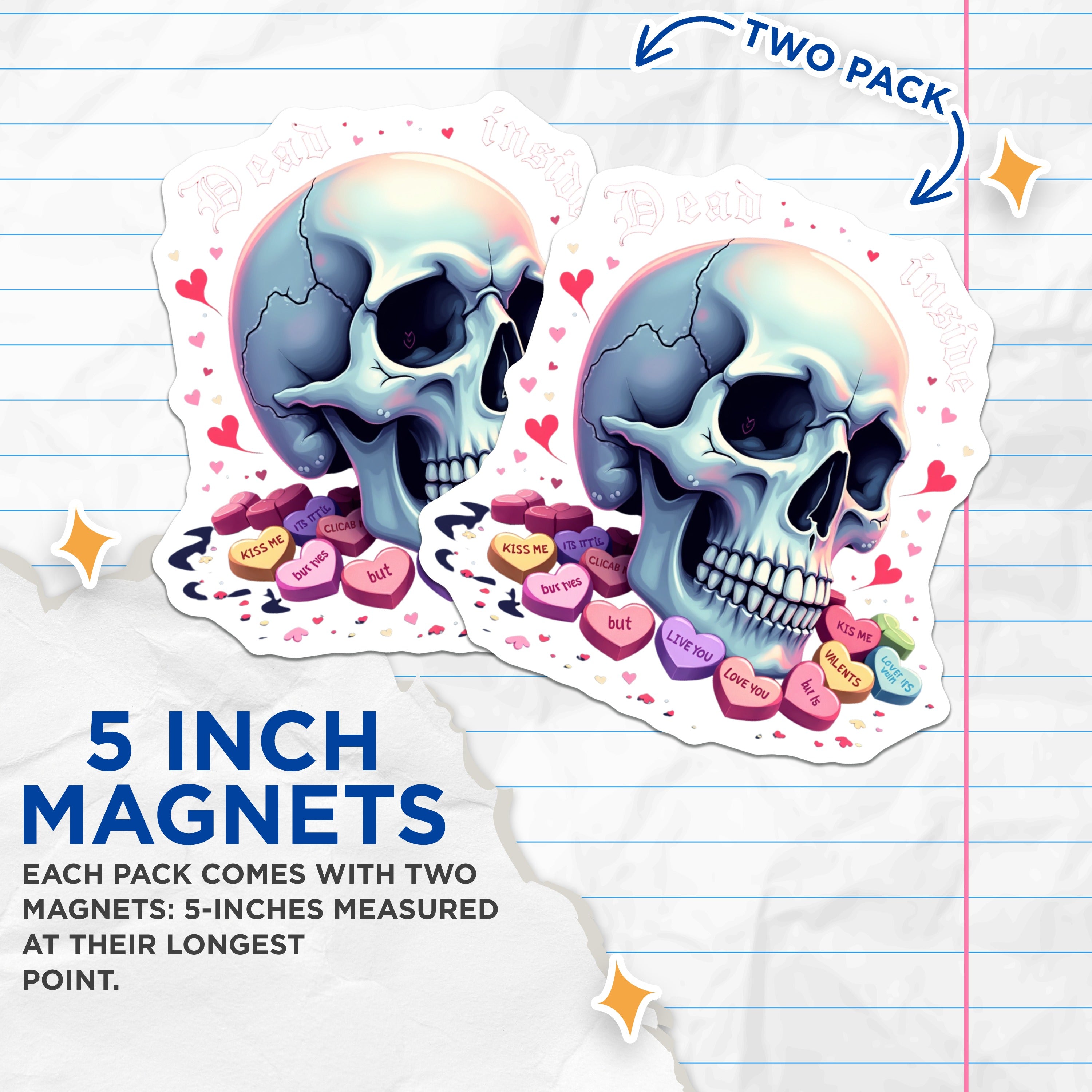 (2 Pack) Dead Inside Skull Magnets - Anti Valentine Decor - Sarcastic Goth Room Decor - Pastel Emo Humor - 5 Inches On Longest Side - Thick Durable Magnet - Made in USA - MAG38000