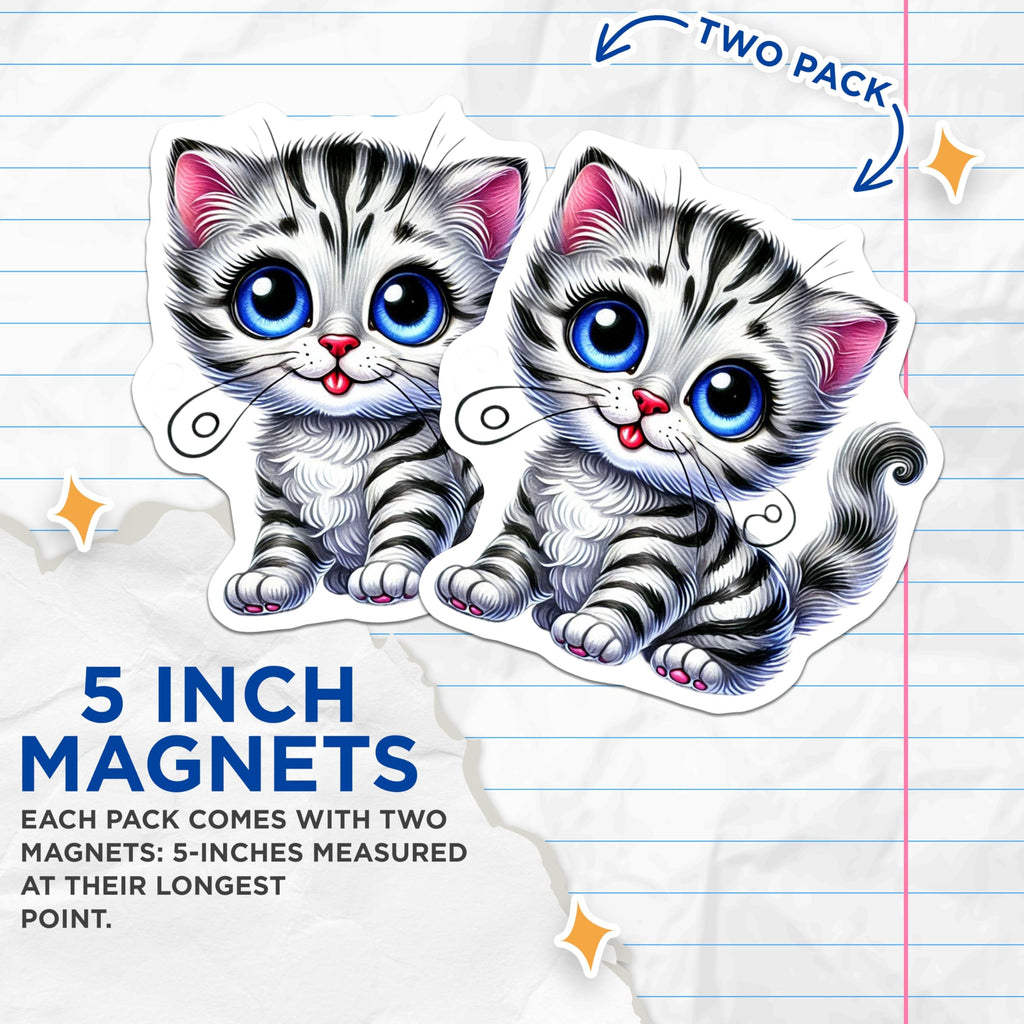 (2 Pack) Cute Kitten Magnets - Big Eyes Cat - Refrigerator Home Decor - 5" On Longest Side - Premium Magnet - for Cars, Refrigerators, Toolboxes, Lockers - Made in USA - MAG14354