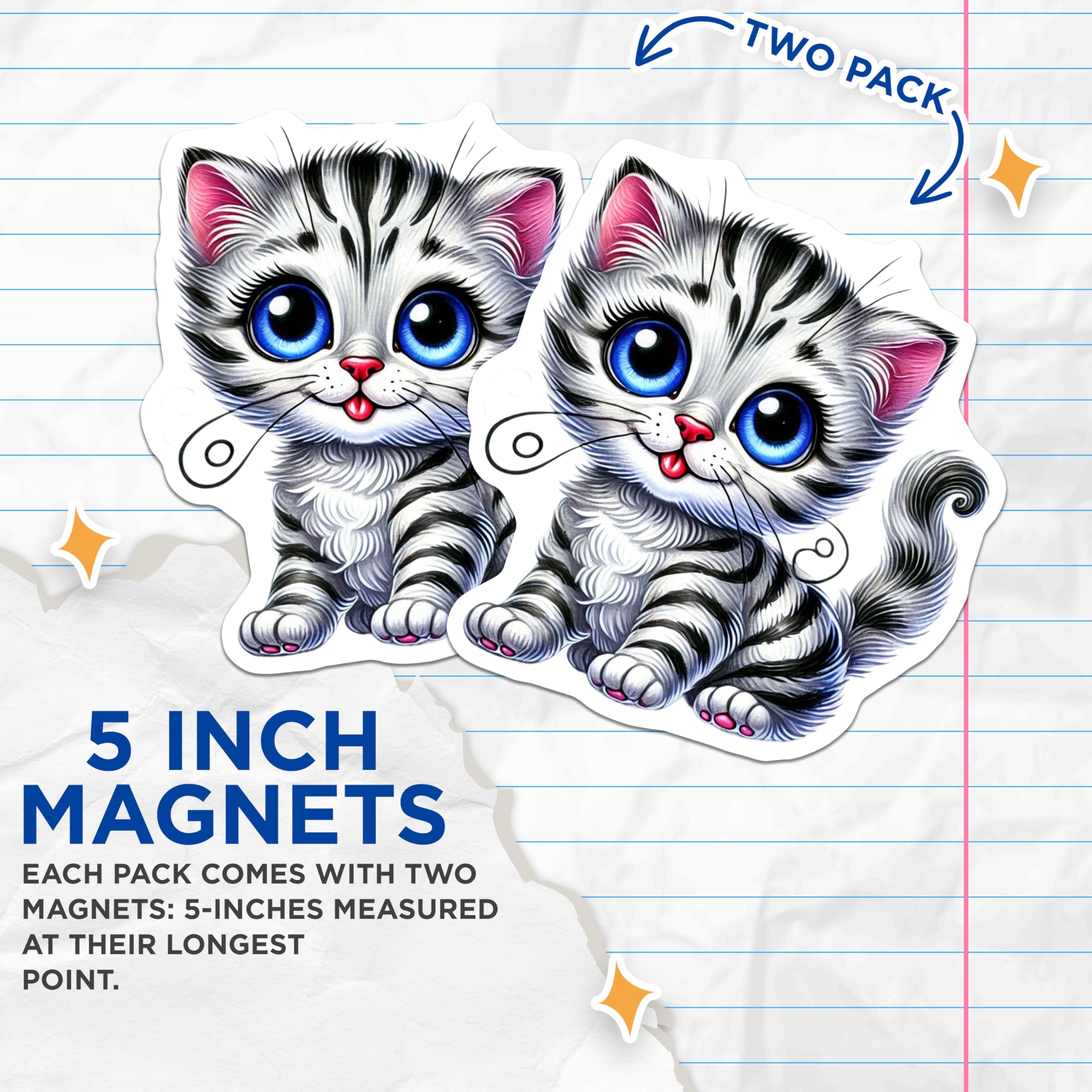 (2 Pack) Cute Kitten Magnets - Big Eyes Cat - Refrigerator Home Decor - 5" On Longest Side - Premium Magnet - for Cars, Refrigerators, Toolboxes, Lockers - Made in USA - MAG14354