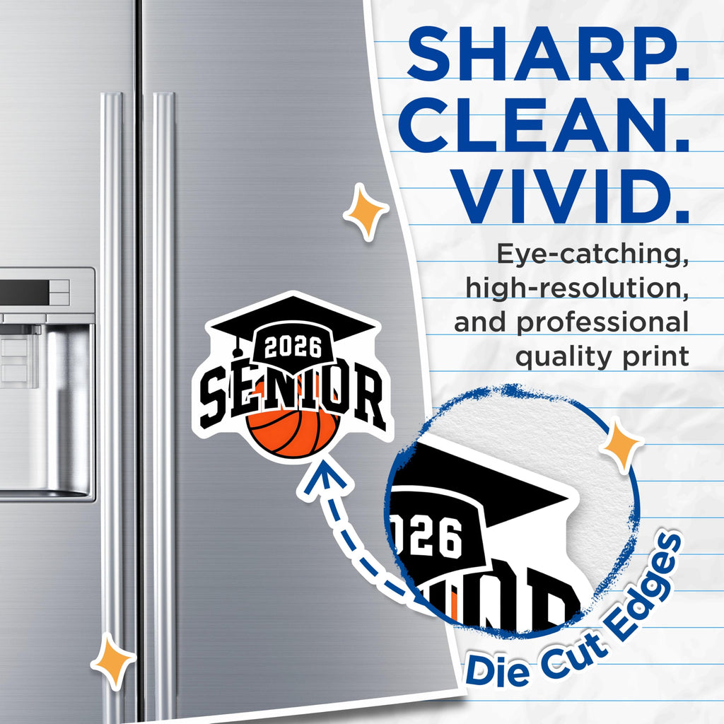 (2 Pack) Senior 2026 Basketball Magnets - Class of 2026 Graduation Student - High School College Athlete Commemorative - 5 Inches On Longest Side - Thick Durable Magnet - Made in USA - MAG23185