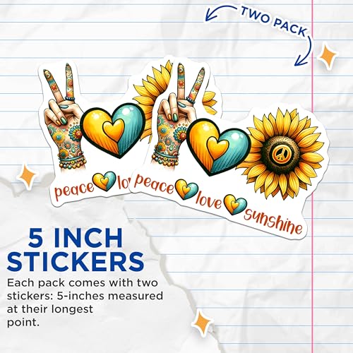 (2 Pack) Peace Love Sunshine Stickers - Retro Flower Power - Hippie Vibes - 5" On Longest Side - Sticks to Smooth Flat Surfaces - Made in USA - BMCS7979