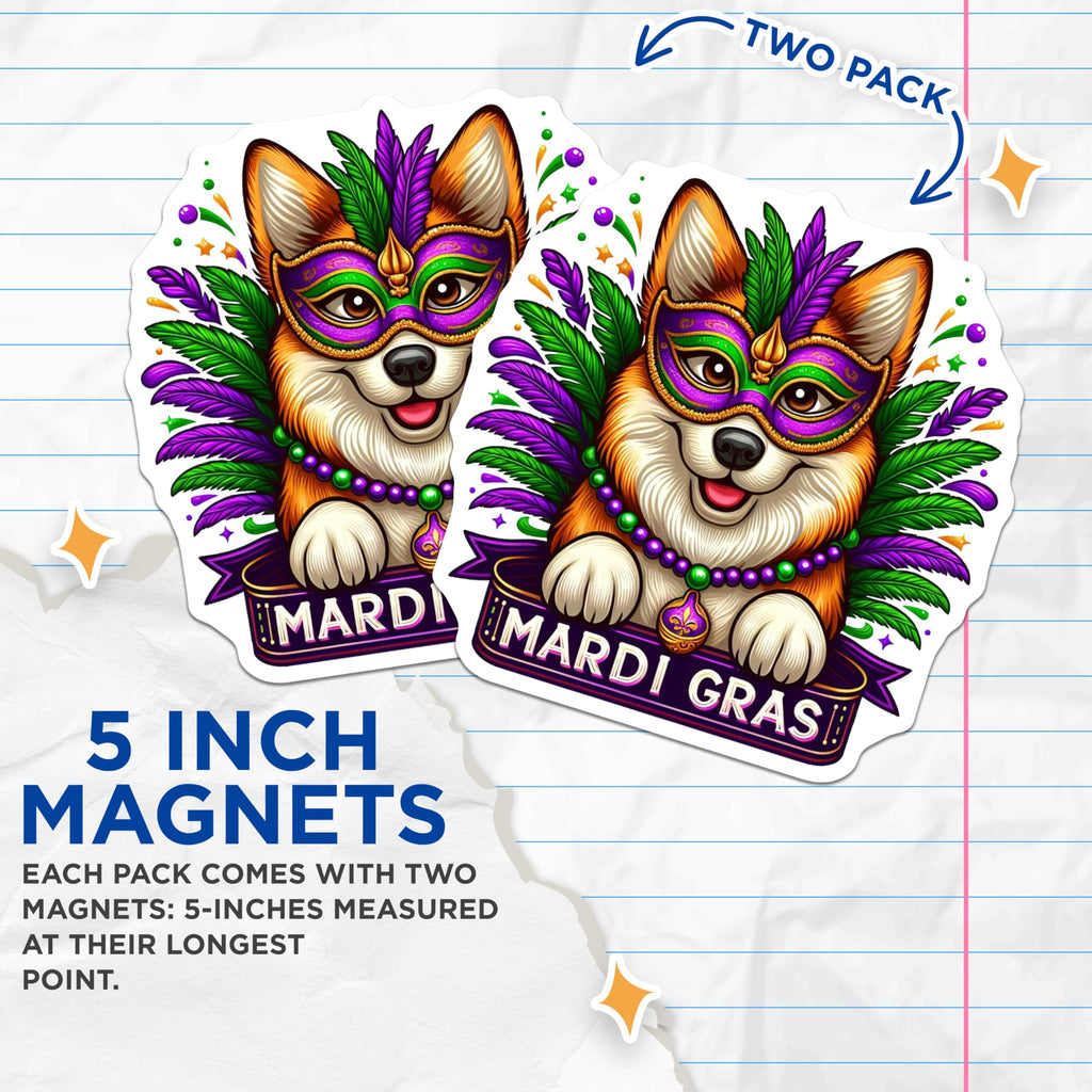 (2 Pack) Mardi Gras Dog Magnets - Corgi Party - Festive Decor Fridge Magnets - 5" On Longest Side - Premium Magnet - for Cars, Refrigerators, Toolboxes, Lockers - Made in USA - MAG14417