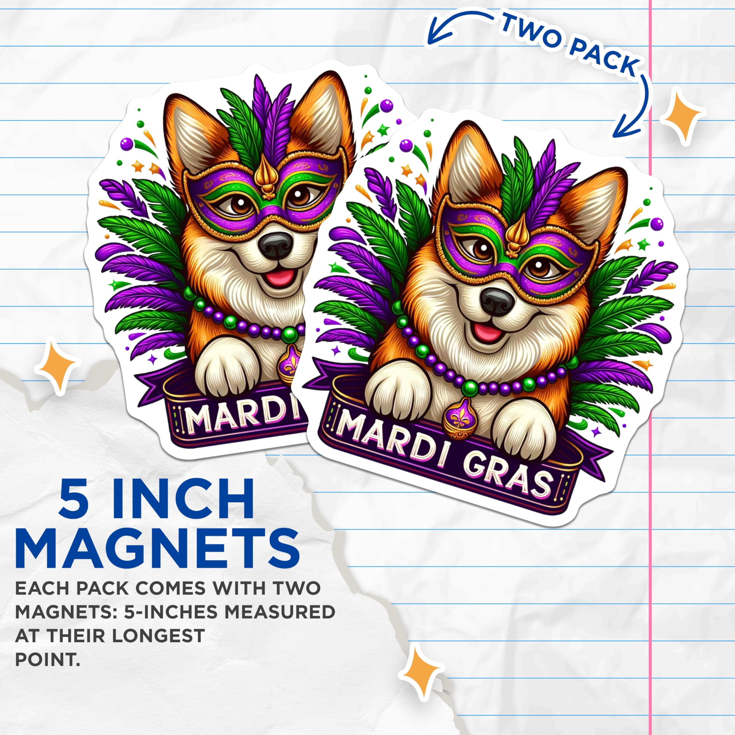 (2 Pack) Mardi Gras Dog Magnets - Corgi Party - Festive Decor Fridge Magnets - 5" On Longest Side - Premium Magnet - for Cars, Refrigerators, Toolboxes, Lockers - Made in USA - MAG14417
