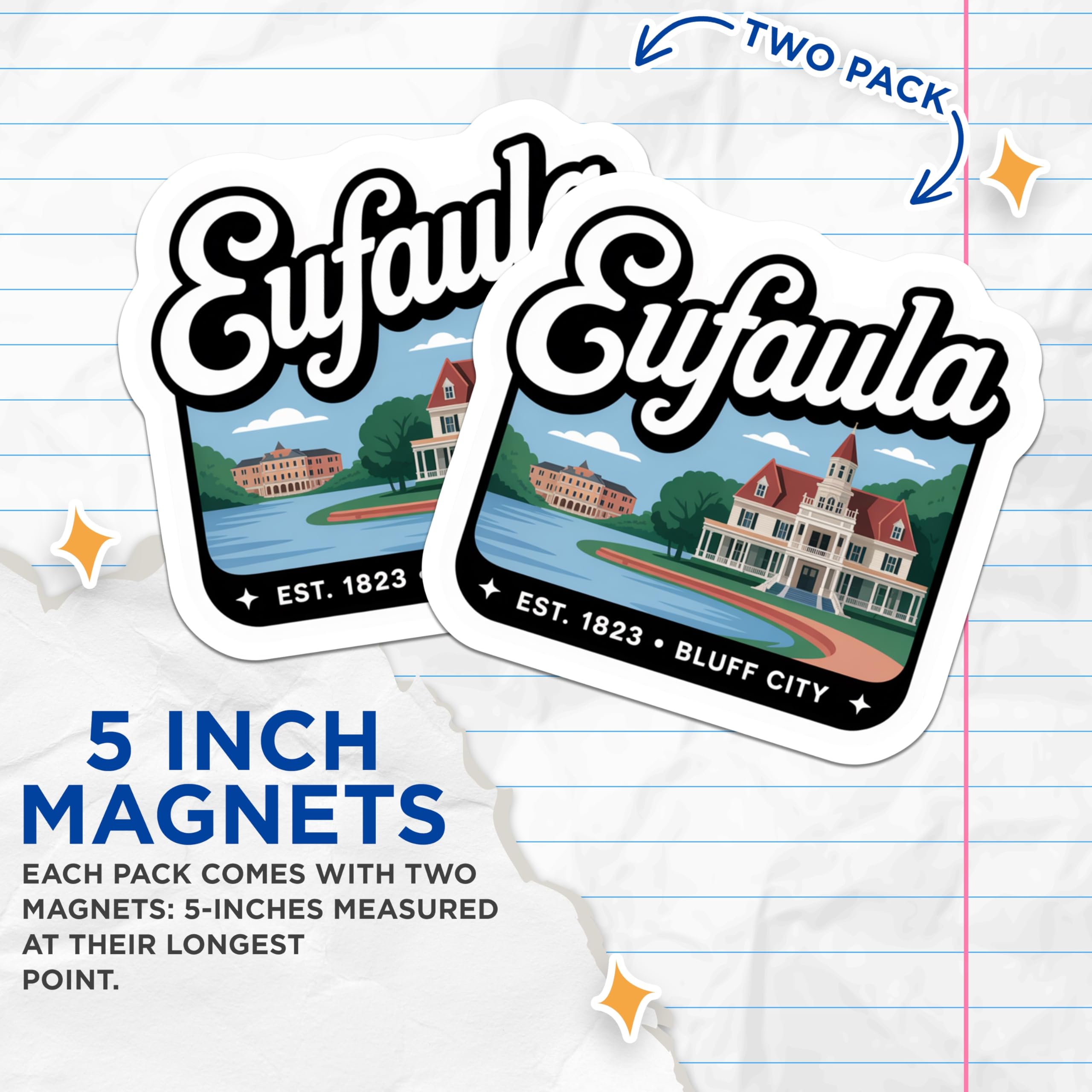 (2 Pack) Eufaula Alabama Magnets - Historic Landmarks - Bluff City Souvenir - 5" On Longest Side - Premium Magnet - for Cars, Refrigerators, Toolboxes, Lockers - Made in USA - MAG18765