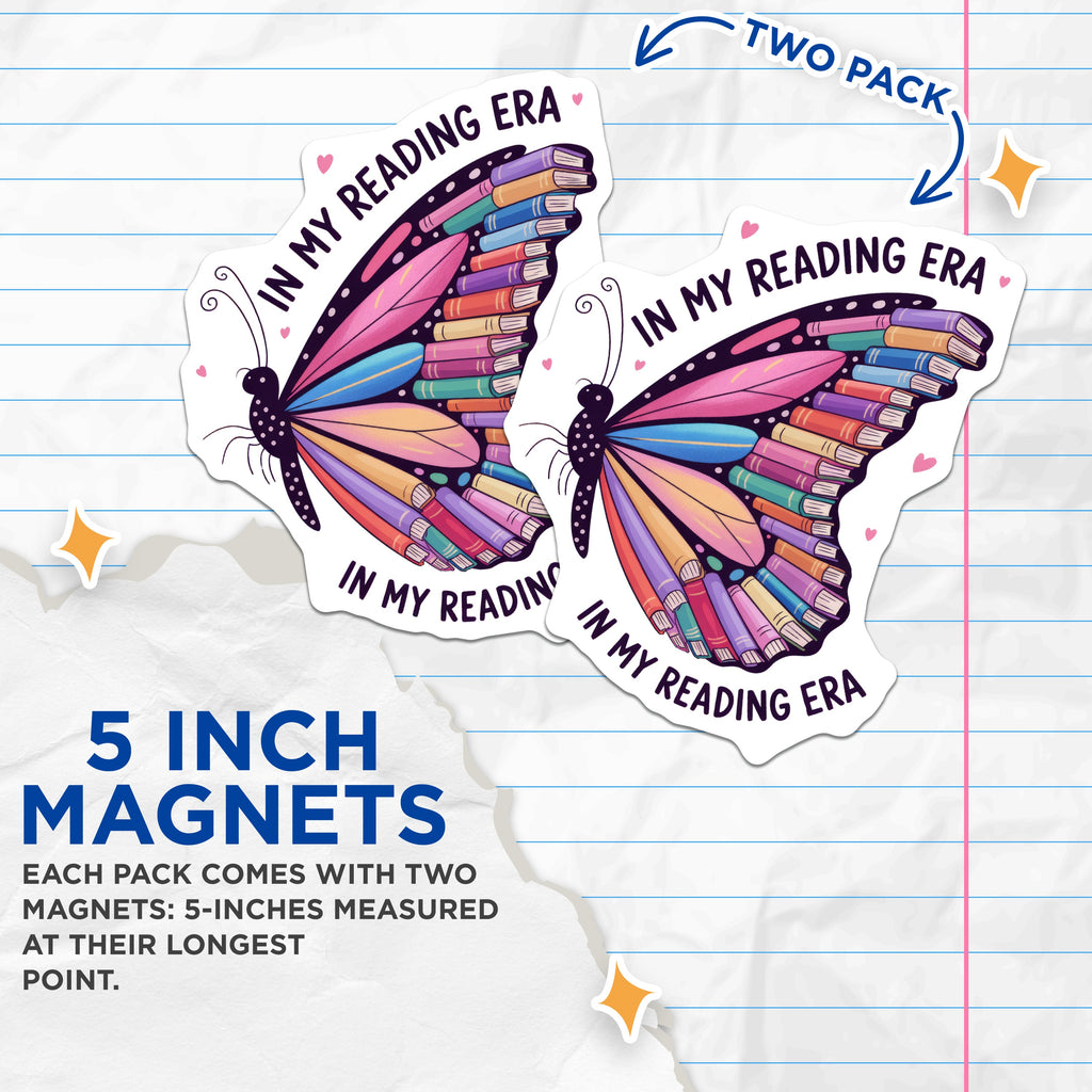 (2 Pack) Reading Era Butterfly Magnets - Bookworm Literary Decor - Aesthetic Refrigerator Magnets - 5 Inches On Longest Side - Thick Durable Magnet - Made in USA - MAG39074