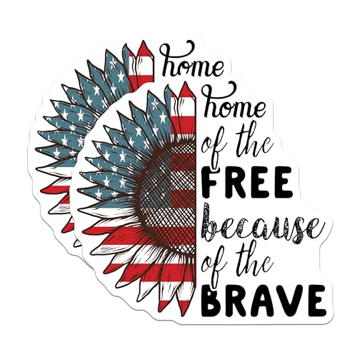 (2 Pack) Patriotic Sunflower Stickers - Home of The Free Stickers - American Flag Decal - Inspirational Quote Stickers - 5" On Longest Side - Sticks to Smooth Flat Surfaces - Made in USA - BMCS5065