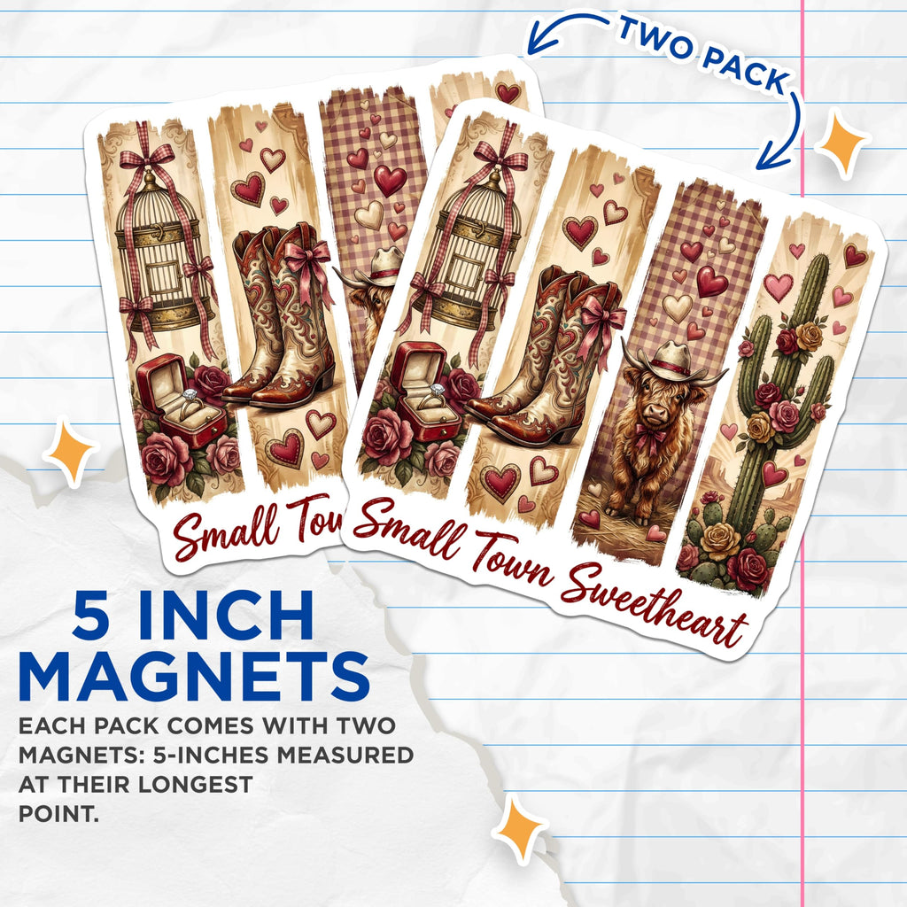 (2 Pack) Small Town Sweetheart Magnets - Country Valentine's Day - Cowboy Bull and Boots - 5" On Longest Side - Premium Magnet - for Cars, Refrigerators, Toolboxes, Lockers - Made in USA - MAG14478