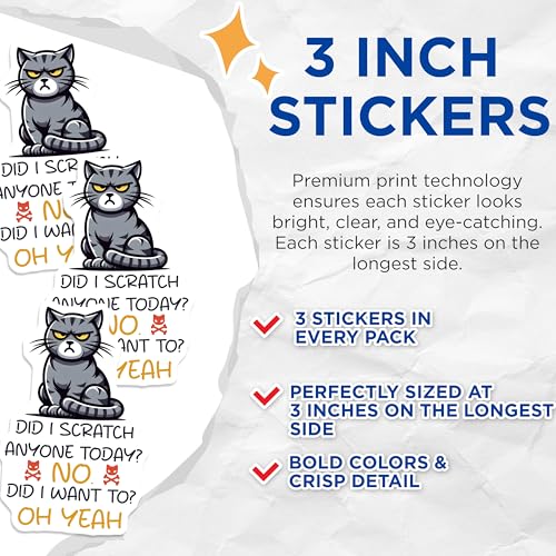 (3 Pack) Grumpy Cat Decals - Funny Laptop Decals - Sarcastic Cat Lover Gifts - 3 Inches On Longest Side - Easy Peel & Apply - Made in USA - 3MCS6112