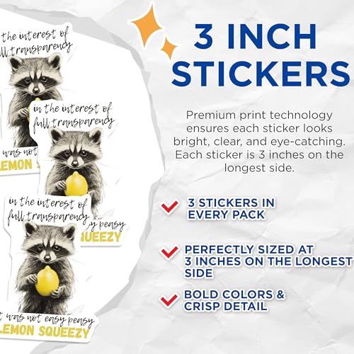 (3 Pack) Raccoon Decals - Lemon Squeezy Decal - Laptop Decals - 3 Inches On Longest Side - Easy Peel & Apply - Made in USA - 3MCS2210