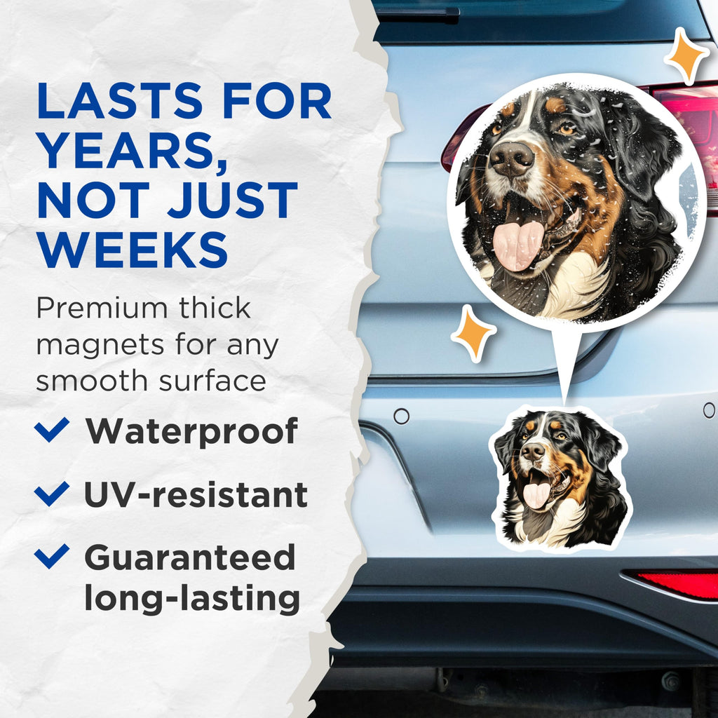(2 Pack) Bernese Mountain Dog Magnets - Happy Berner Dog Portrait - Pet Owner Decor - Dog Lover Accents - 5 Inches On Longest Side - Thick Durable Magnet - Made in USA - MAG30222