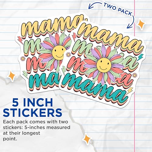 (2 Pack) Mama Stickers - Smiling Flower - Cute Mother's Day Sticker - 5" On Longest Side - Sticks to Smooth Flat Surfaces - Made in USA - BMCS8962