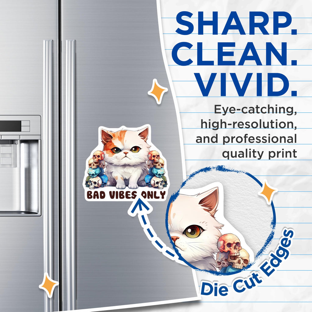 (2 Pack) Bad Vibes Only Cat Magnets - Skull Cat Aesthetic - Funny Kitten Decor - 5" On Longest Side - Premium Magnet - for Cars, Refrigerators, Toolboxes, Lockers - Made in USA - MAG15273