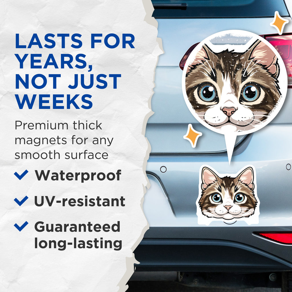 (2 Pack) Adorable Cat Face Magnets - Blue Eyed Kitty Fridge Decor - Pet Enthusiast Home Accent - Feline Lover Item - 5 Inches On Longest Side - Thick Durable Magnet - Made in USA - MAG37385
