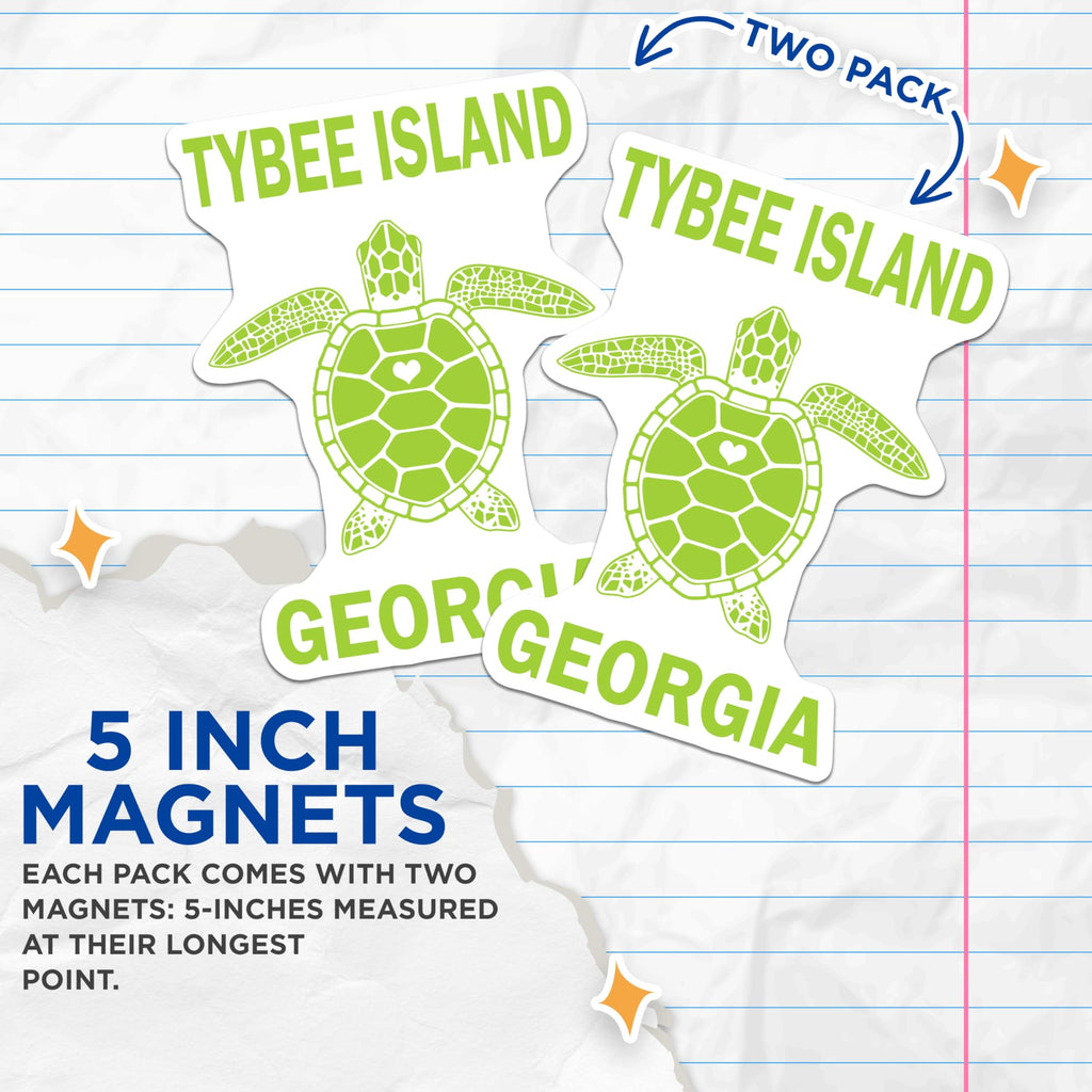 (2 Pack) Tybee Island Georgia Magnets - Green Sea Turtle Art - Coastal Beach Refrigerator Decor - 5 Inches On Longest Side - Thick Durable Magnet - Made in USA - MAG19131
