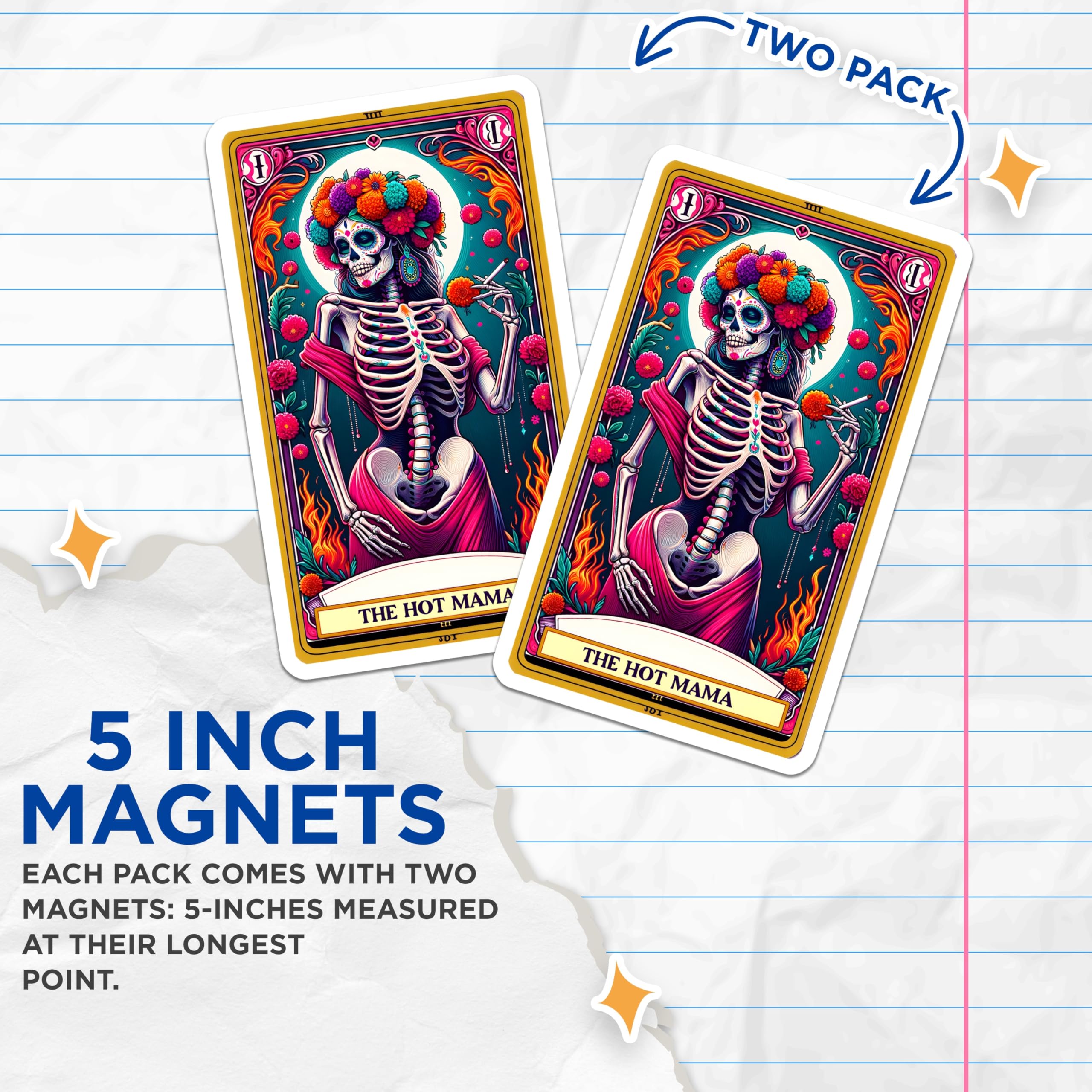(2 Pack) The Hot Mama Magnets - Vibrant Sugar Skull Artwork - Dia de Los Muertos Calavera - Festive Fridge Magnets - 5 Inches On Longest Side - Thick Durable Magnet - Made in USA - MAG21150