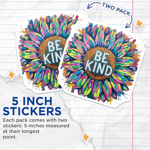 (2 Pack) Be Kind Sunflower Stickers - Inspirational Quote - Colorful Flower Art - 5" On Longest Side - Sticks to Smooth Flat Surfaces - Made in USA - BMCS6613