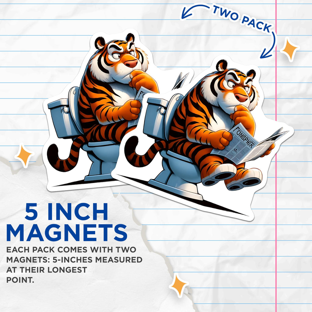 (2 Pack) Tiger Magnets - Funny Bathroom Decor - Reading Newspaper Cartoon Magnets - 5" On Longest Side - Premium Magnet - for Cars, Refrigerators, Toolboxes, Lockers - Made in USA - MAG16190